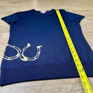 Lilly‎ Pulitzer Navy Blue 100% Merino Wool Horseshoe Short Sleeve Sweater Medium